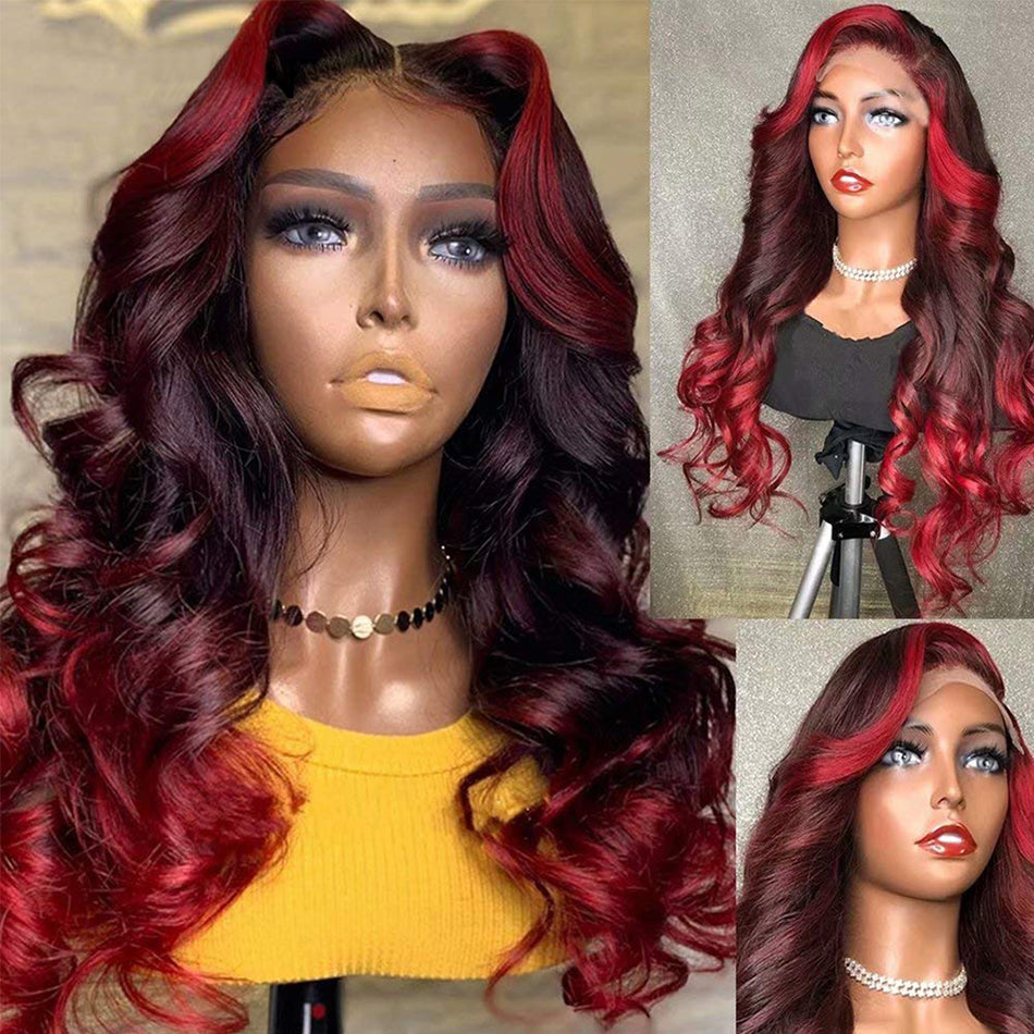 99J Red Body Wave Highlight Lace Closure Wigs For Women Colored Human