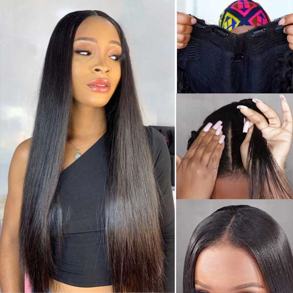 Straight 180 Density V Part Wig Brazilian Gluelesss